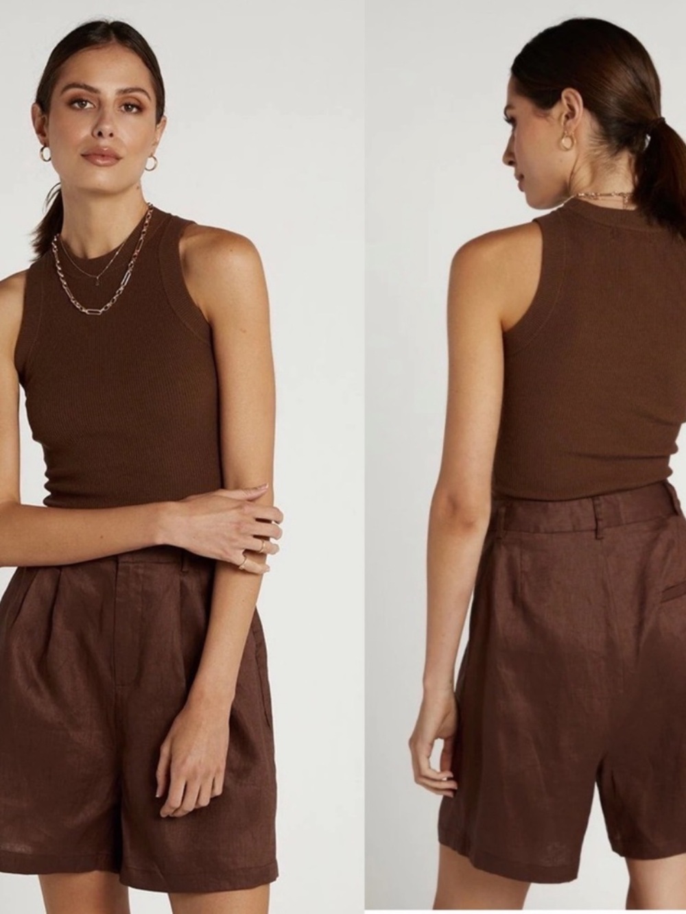 DISSH CHOCOLATE BROWN LINEN TROUSER HIGH WAISTED PLEATED SHORTS US 4